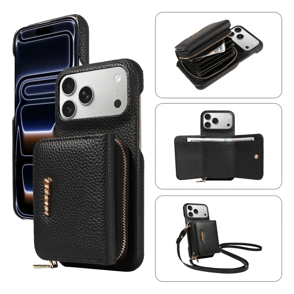 PU leather crossbody wallet phone case with card holder stand and adjustable strap