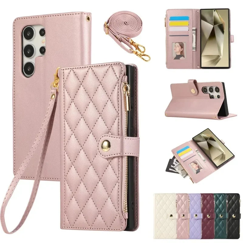 Pink quilted zipper crossbody leather wallet case for Samsung Galaxy S26, open and closed views