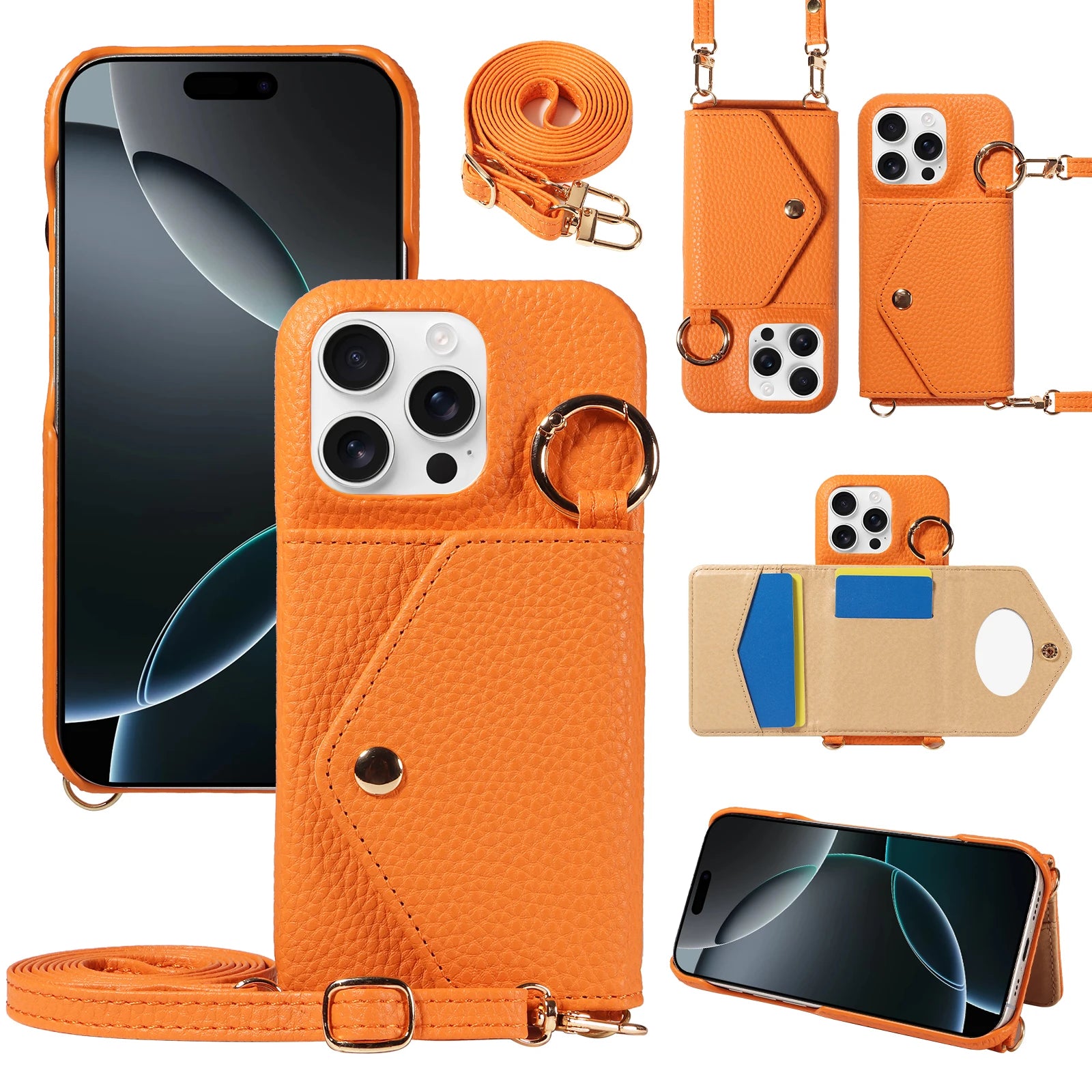 PureGuardCases PU Leather Crossbody Wallet iPhone Case – Mirror Card Holder Protective Cover