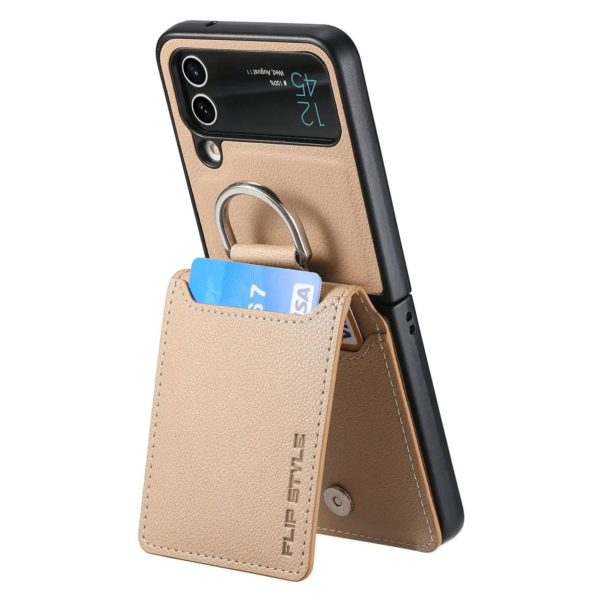 Khaki magnetic ring holder leather card slot wallet case for Samsung Galaxy Z Flip 7, 7 FE, 6, 5, 4 and 3