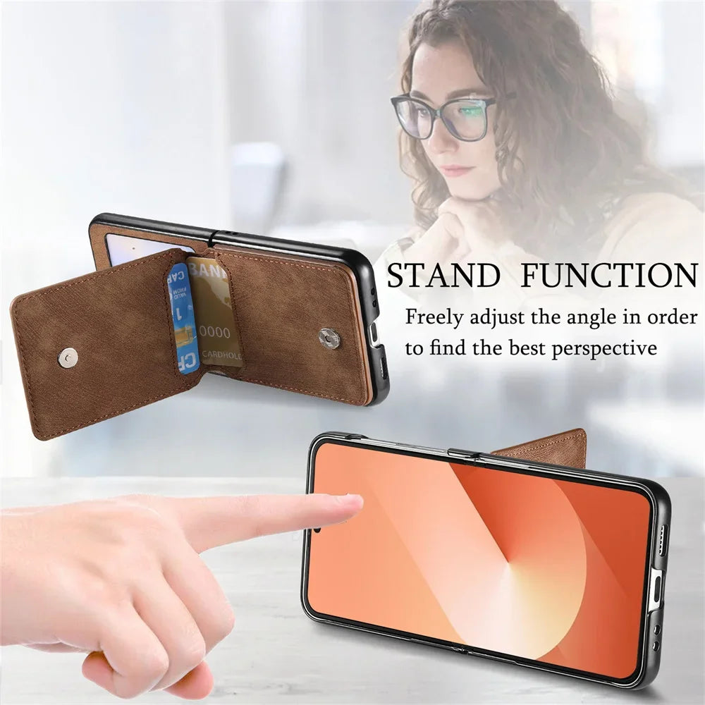 PureGuardCases Retro Leather Wallet Case with Ring Stand for Samsung Galaxy Z Flip