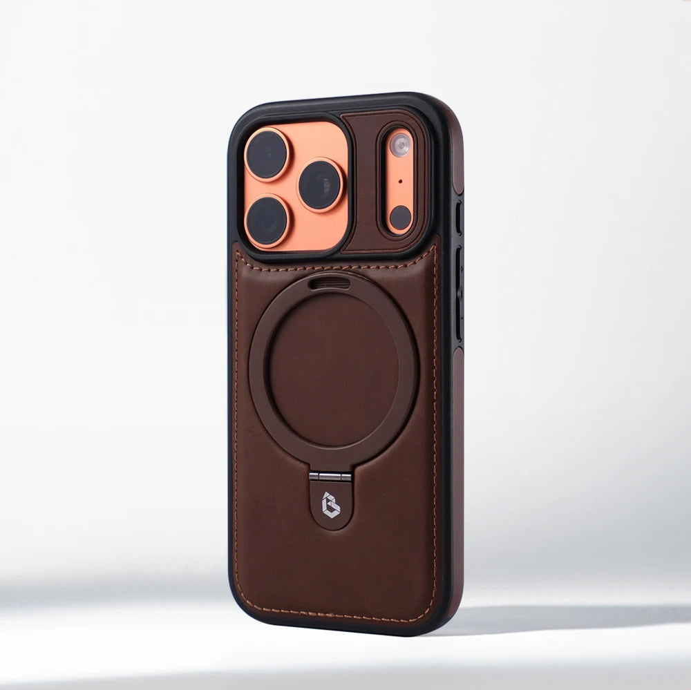 Coffee brown 360-degree magnetic ring stand PU leather shockproof case for iPhone 18, 17, Air, 16, 15, 14, 13 and 12 series