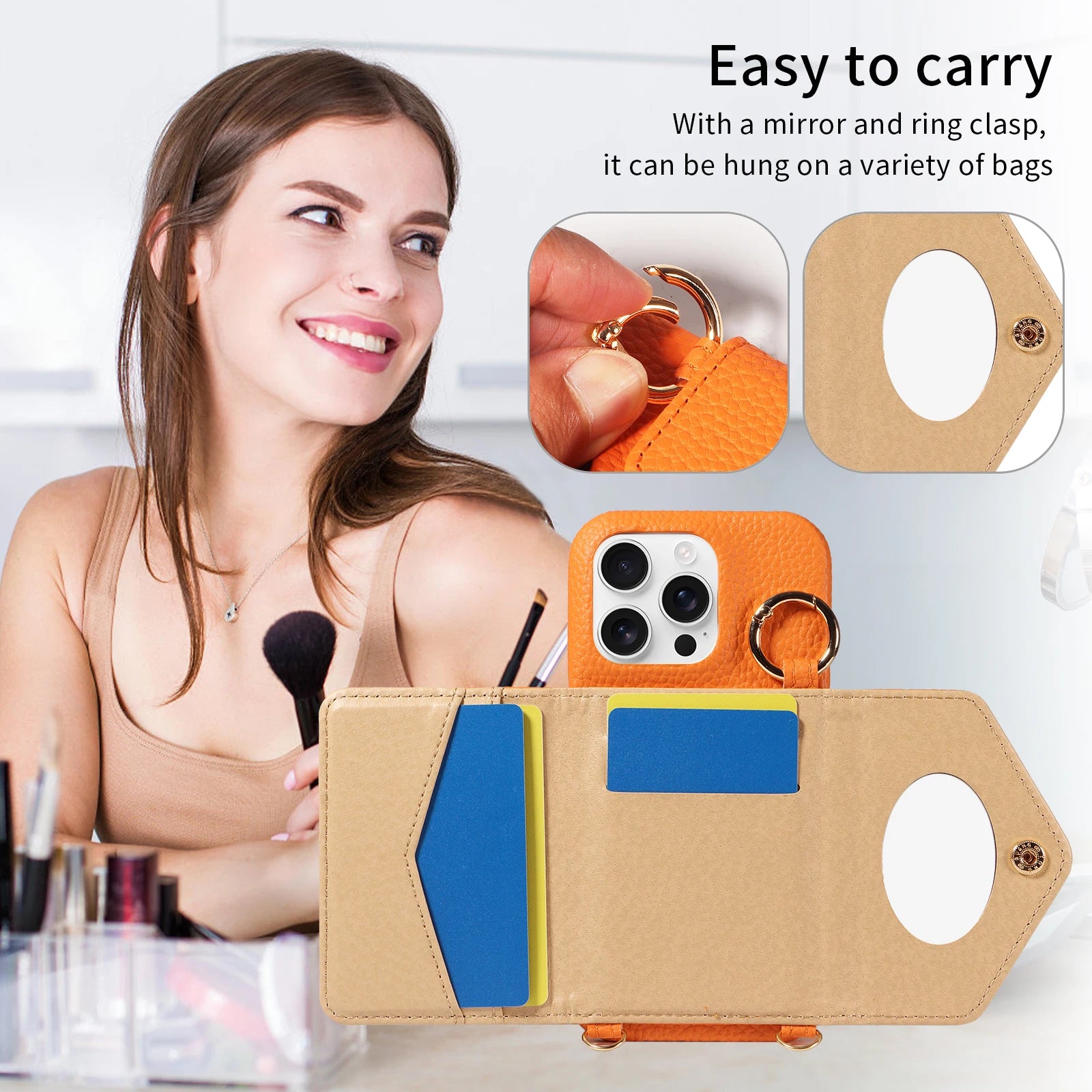 PureGuardCases PU Leather Crossbody Wallet iPhone Case – Mirror Card Holder Protective Cover
