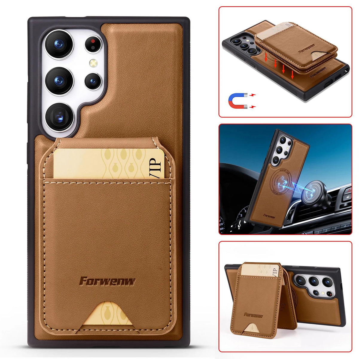 Rear magnetic card wallet folded into a horizontal & vertical kickstand for Samsung Galaxy S26