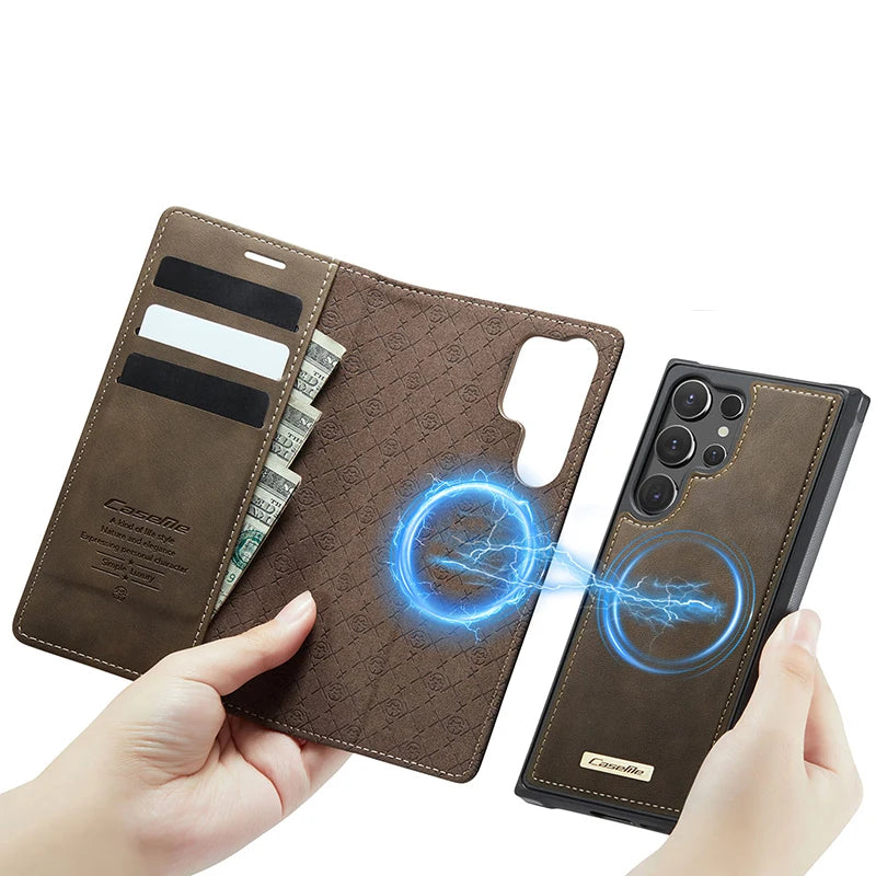 PureGuardCases Detachable Magnetic Wallet Leather Flip Case for Samsung Galaxy S20-S26 - MagSafe Book Cover