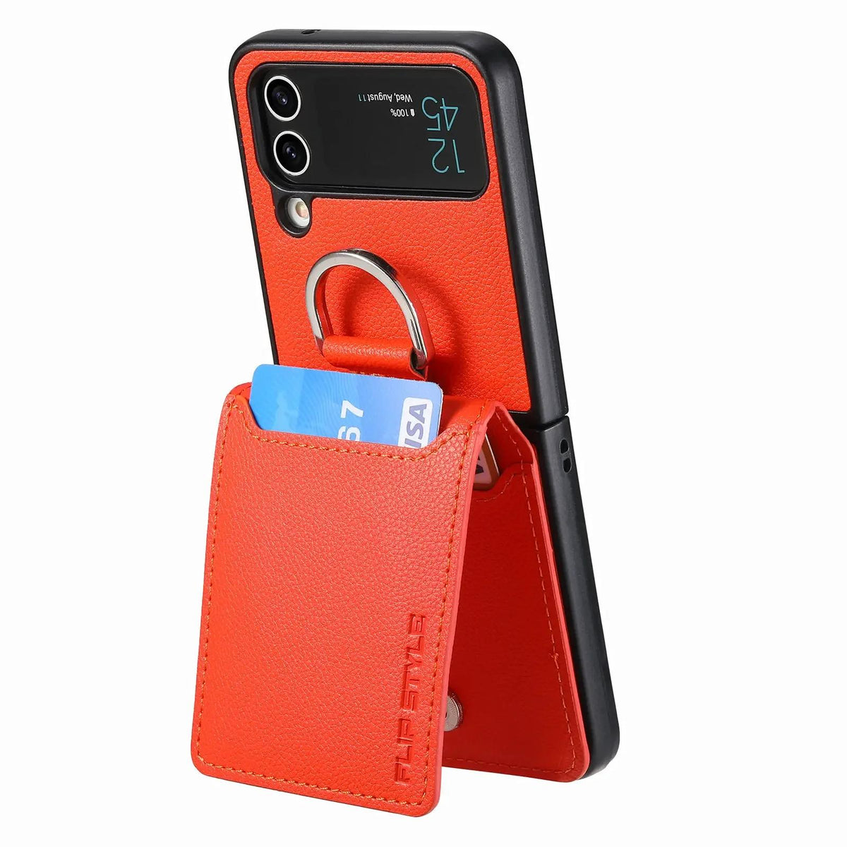 Orange magnetic ring holder leather card slot wallet case for Samsung Galaxy Z Flip 7, 7 FE, 6, 5, 4 and 3