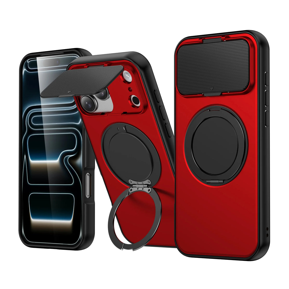 Red 360-degree rotatable MagSafe ring stand rugged case with flip camera cover for iPhone 17 to 11, back and front views