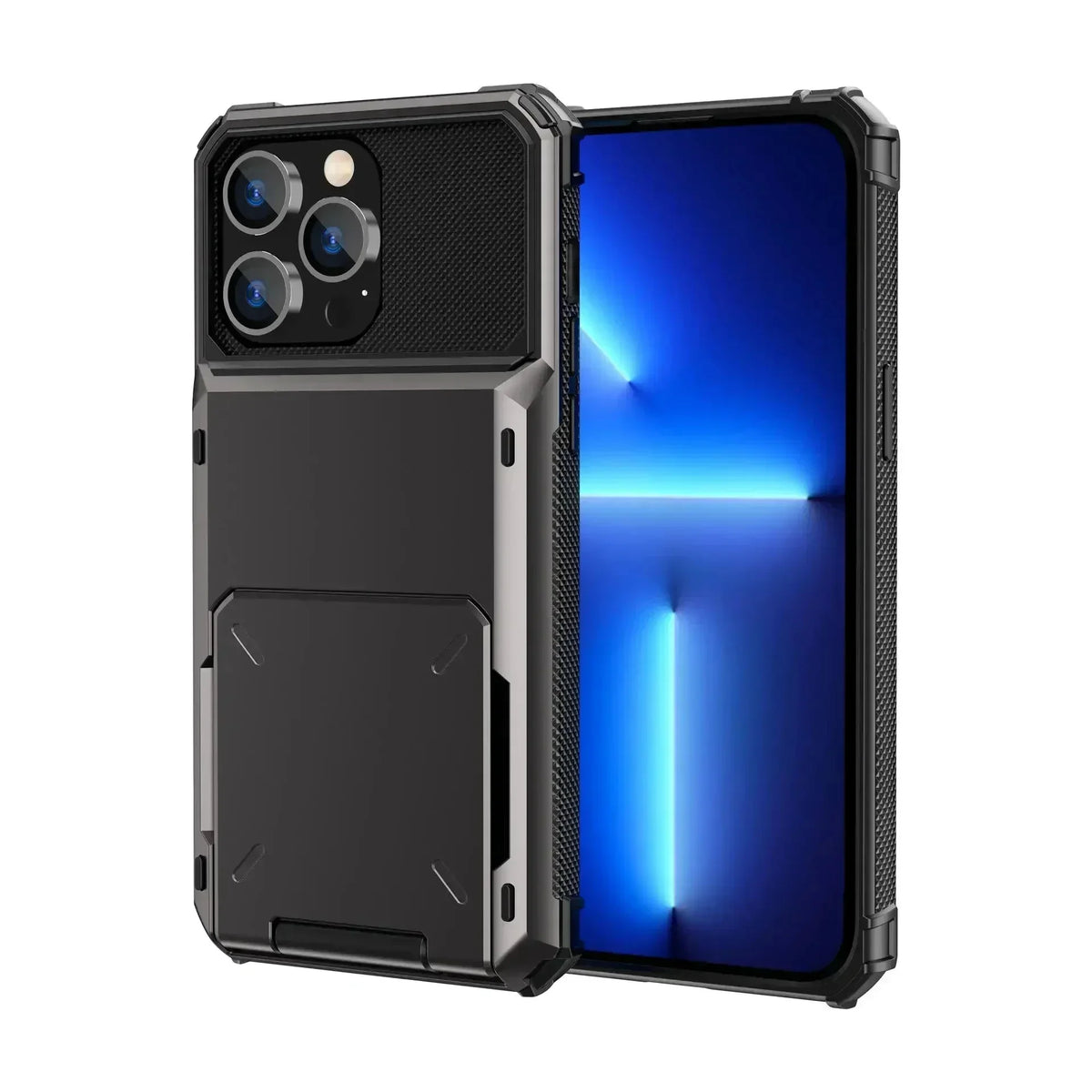 Black heavy-duty dual-layer slide card holder armor case for iPhone 18, 17, 17e, Air, 16e and 16-11 series