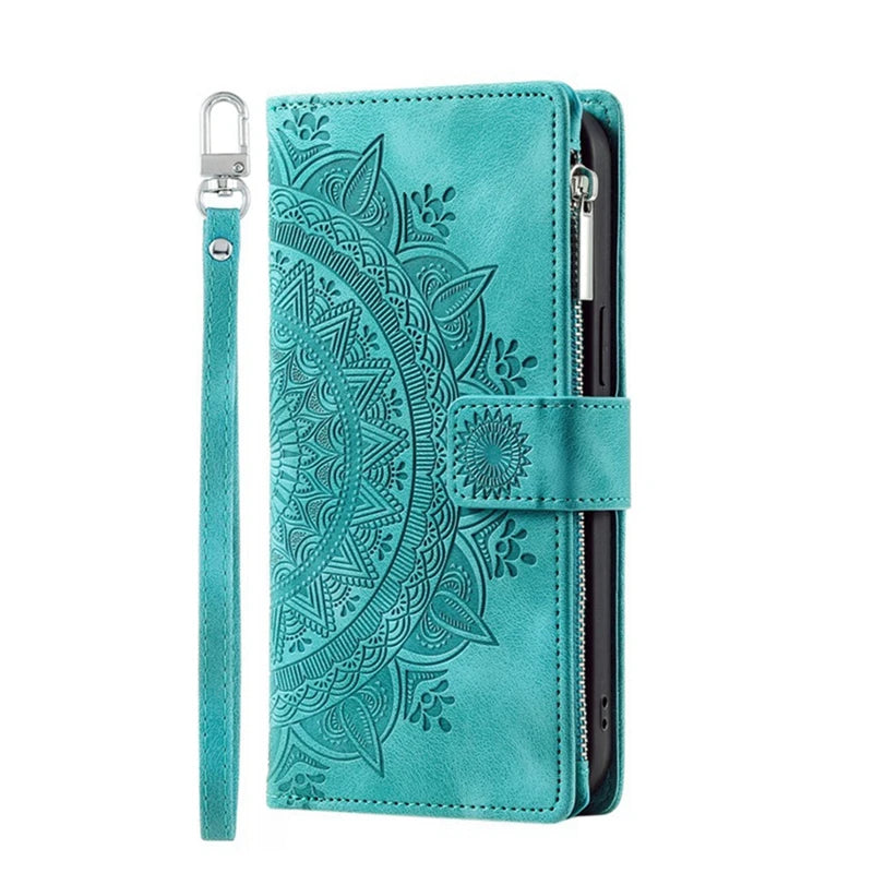 Green mandala embossed zipper leather wallet case with wrist strap for iPhone
