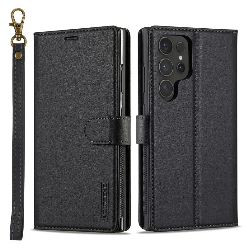 Black magnetic flip leather wallet case for Samsung Galaxy S26, front and back views