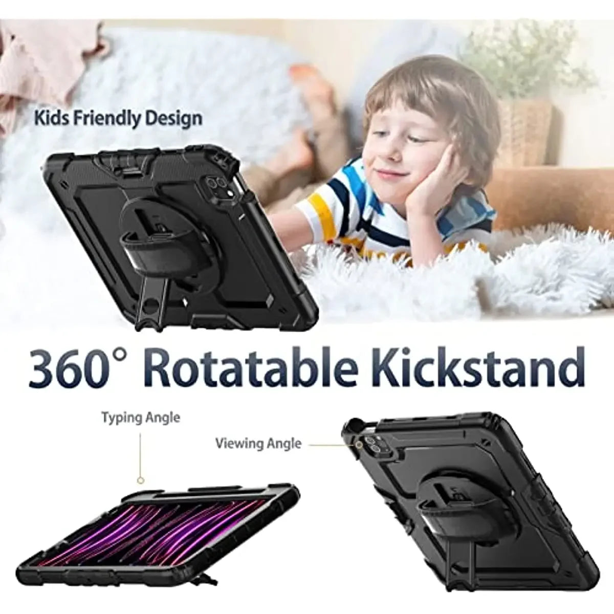PureGuardCases Rugged Kickstand Case with Shoulder Strap for iPad
