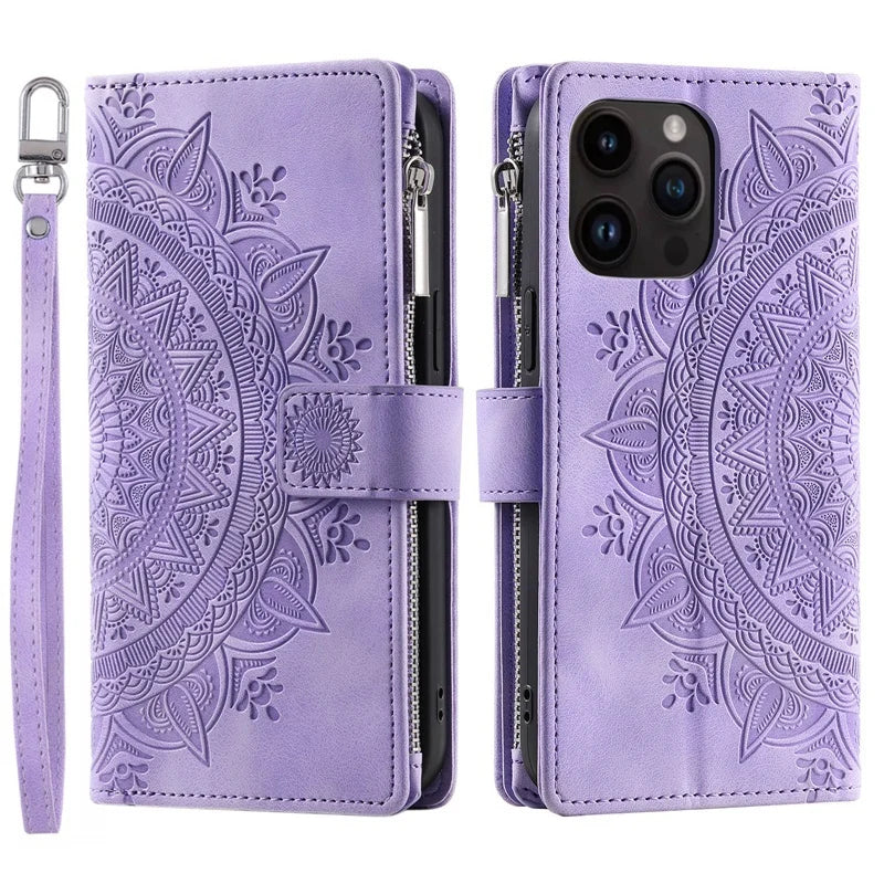 Open mandala leather wallet case showing 3 card slots, ID window and cash pocket