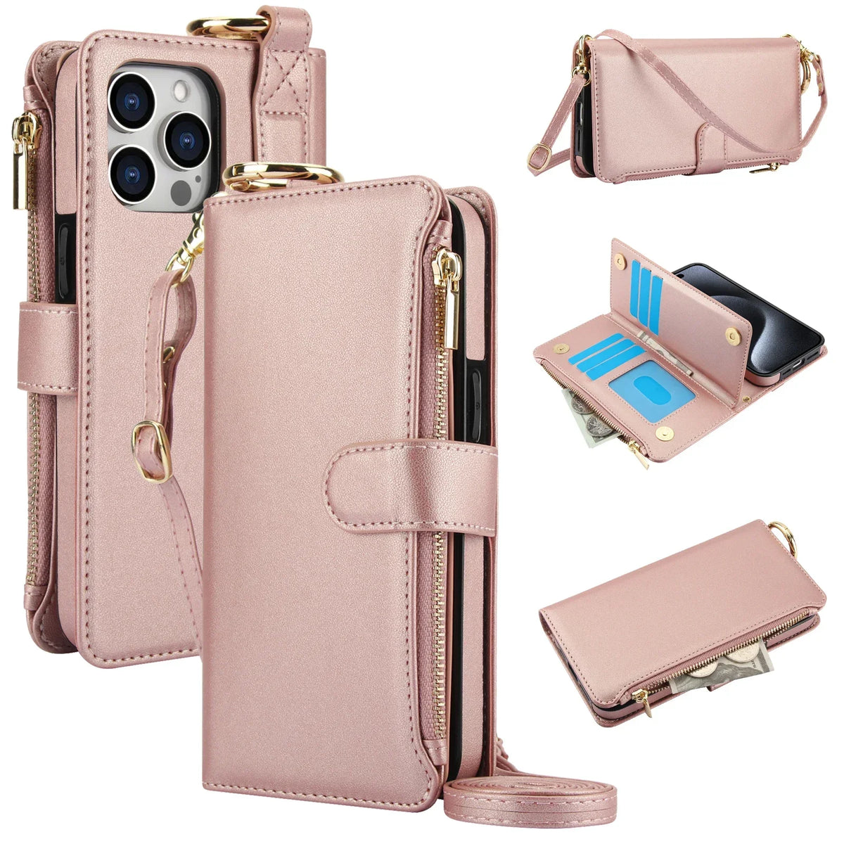 Rose gold crossbody zipper leather wallet case for iPhone 18 Pro Max, open and closed views