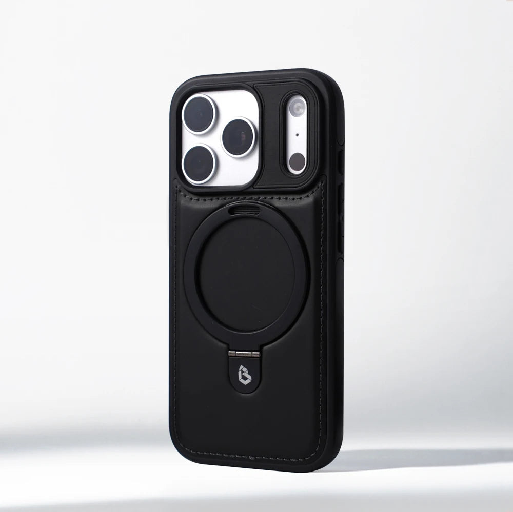 Black 360-degree magnetic ring stand PU leather shockproof case for iPhone 18, 17, Air, 16, 15, 14, 13 and 12 series