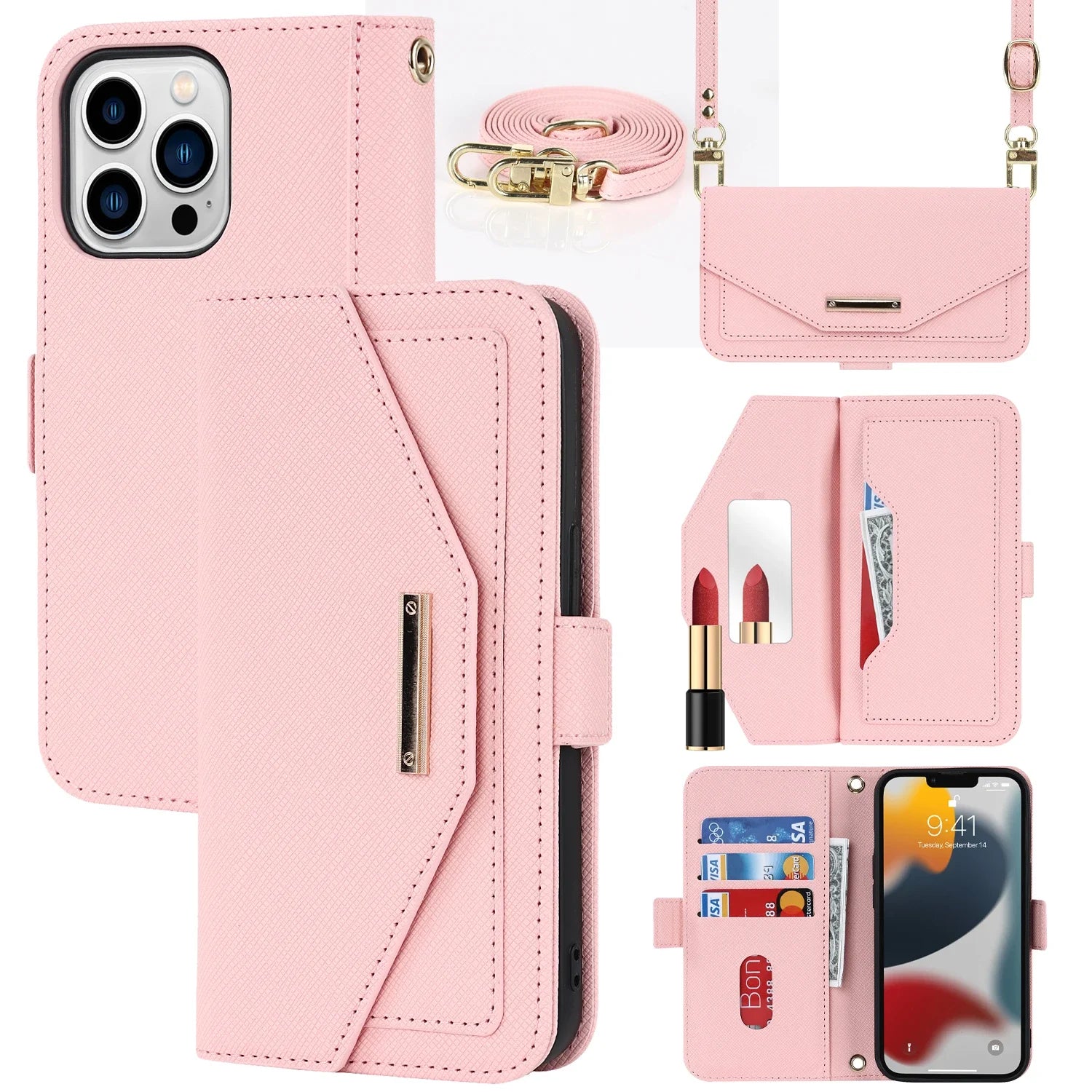 PureGuardCases Crossbody Wallet iPhone Case – Magnetic Stand Mirror Card Holder Cover