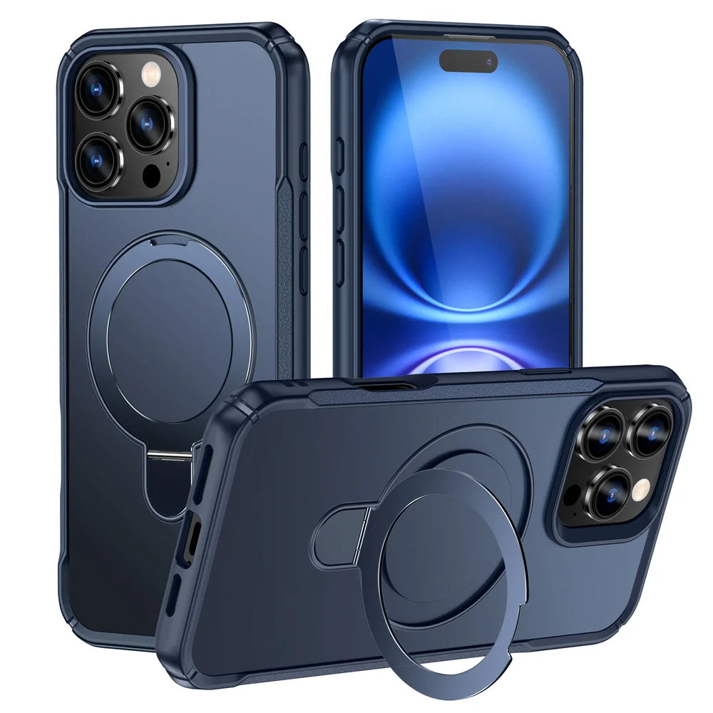 Navy blue MagSafe foldable ring stand bumper case for iPhone 18 Pro, 17, Air, 16e and iPhone 16 to 11