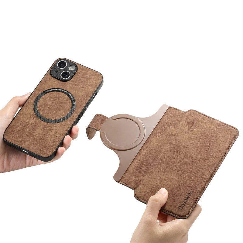 Outer flip card wallet folded into a hands-free landscape viewing stand for iPhone
