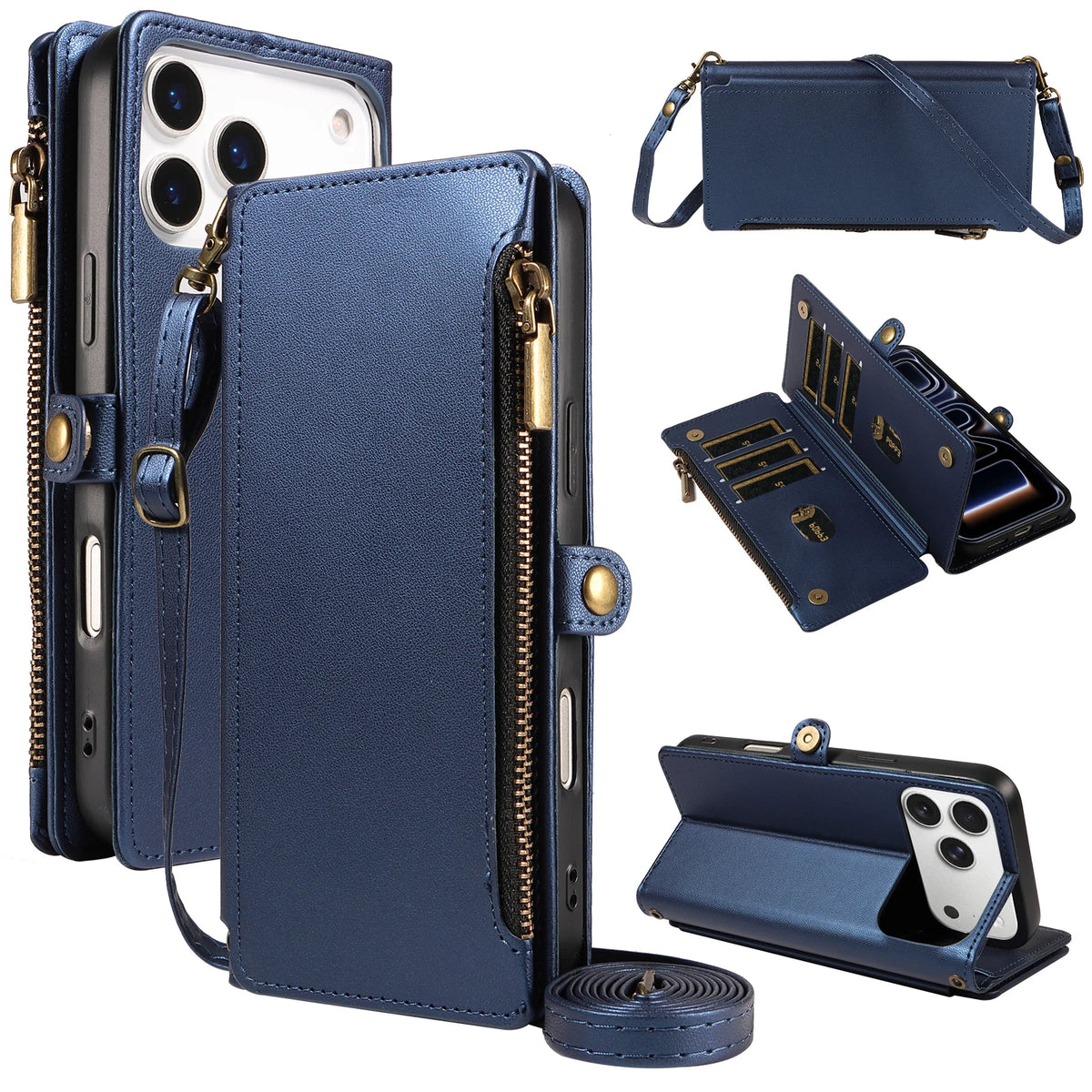 Blue crossbody lanyard and wrist strap multi-card zipper leather flip wallet case for iPhone 18 to iPhone 11