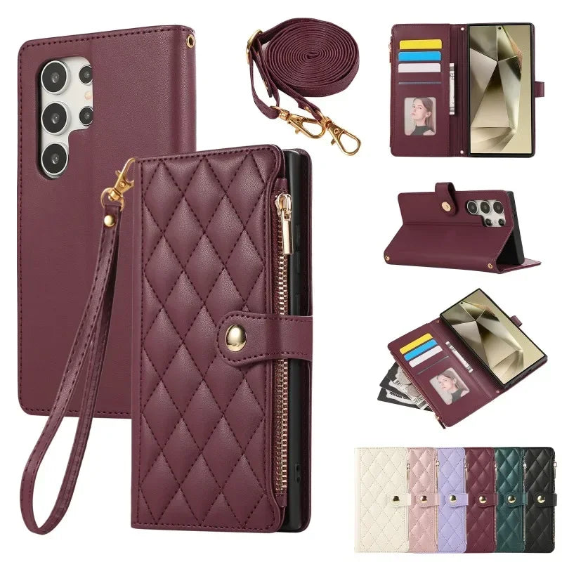 Quilted leather crossbody wallet case for Samsung Galaxy showing card slots and straps