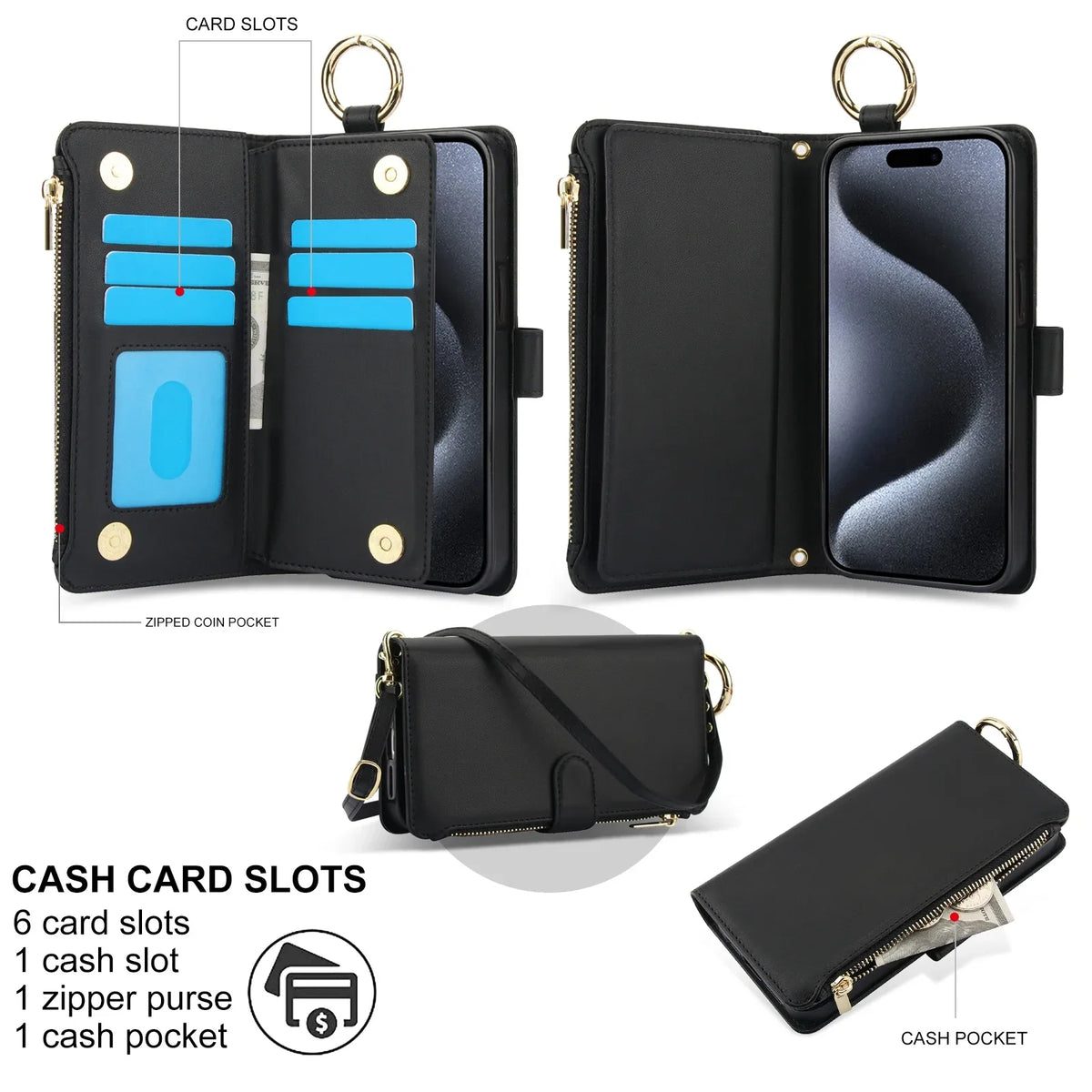 Open multi-card organizer compartment showing card slots and cash storage