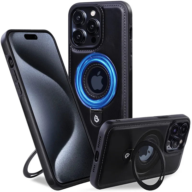 PureGuardCases Folding Ring Stand Leather iPhone Case – MagSafe Magnetic Cover