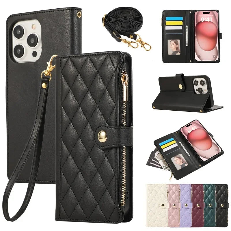 PureGuardCases Crossbody Wrist Strap Leather iPhone Case – Wallet Card Holder Cover