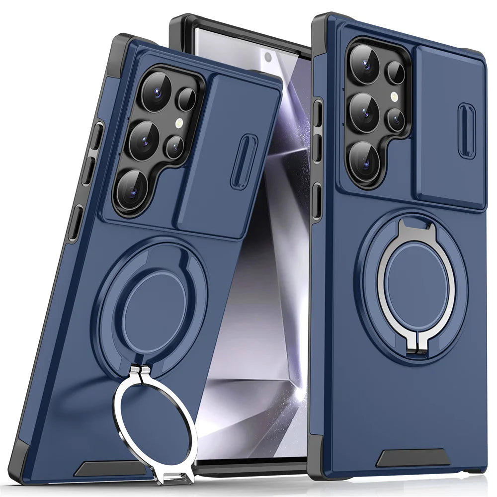 Navy blue slide camera cover ring stand case for Samsung Galaxy S26, S25, S24, S23, S22, S21 Ultra, S20 FE and A series
