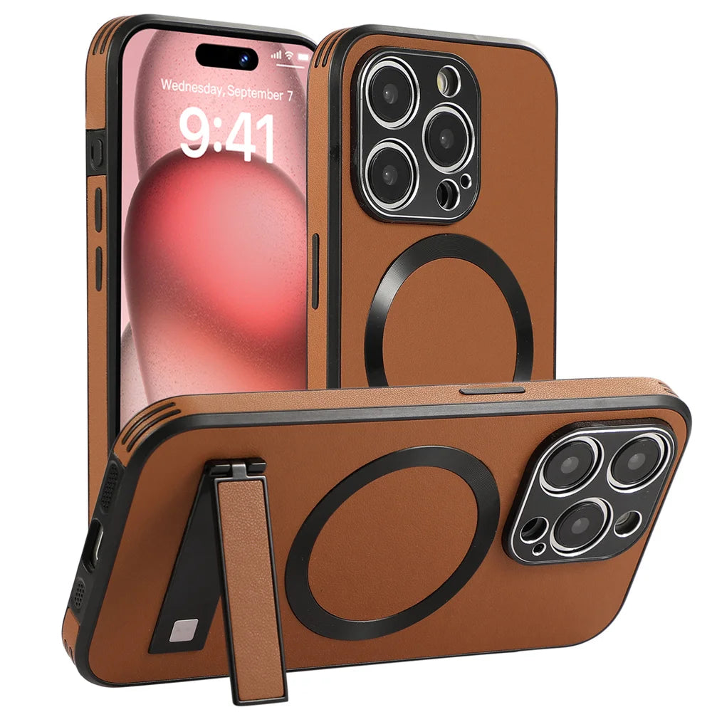 PureGuardCases Luxury Leather Stand iPhone Case – MagSafe Shockproof Cover