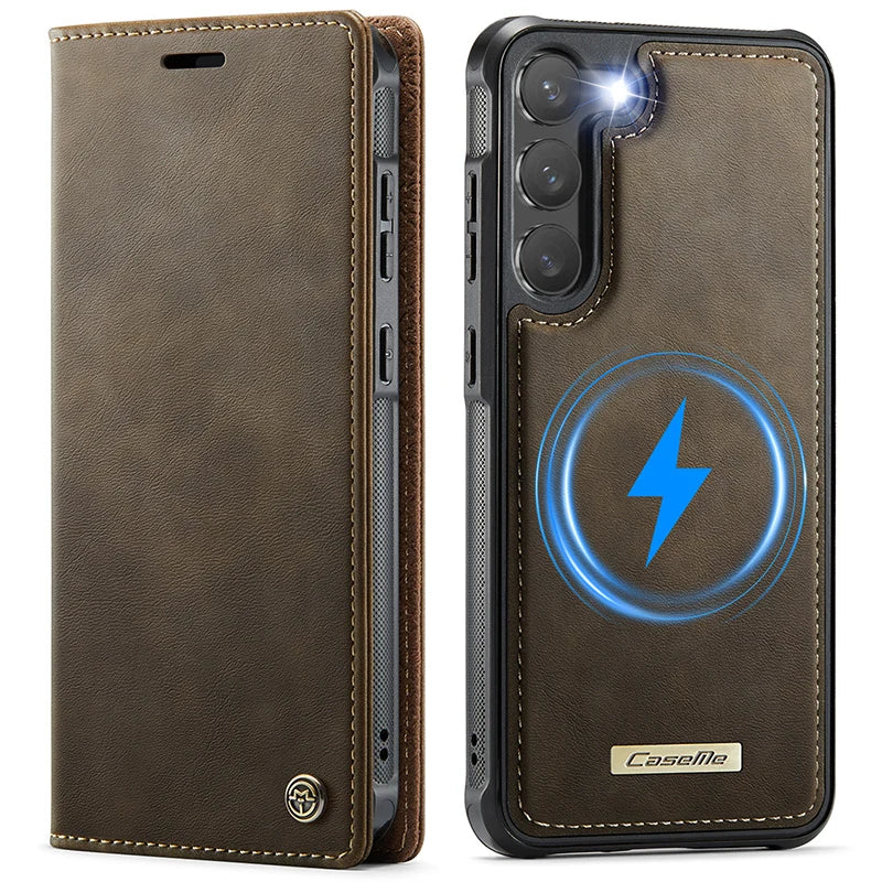 PureGuardCases Detachable Magnetic Wallet Leather Flip Case for Samsung Galaxy S20-S26 - MagSafe Book Cover