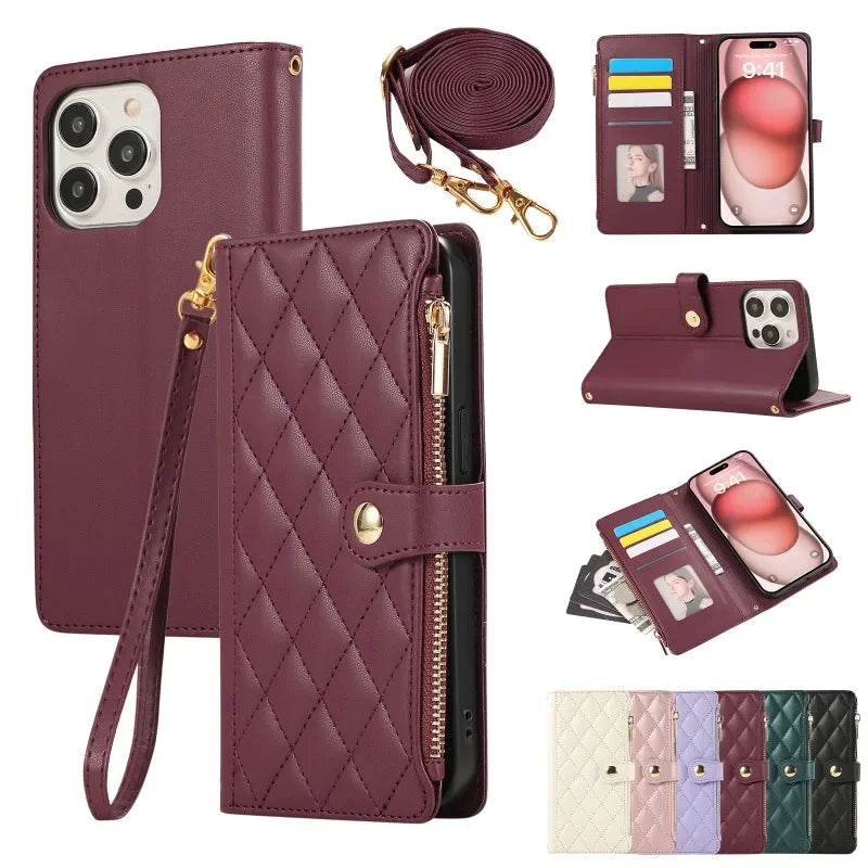 PureGuardCases Crossbody Wrist Strap Leather iPhone Case – Wallet Card Holder Cover