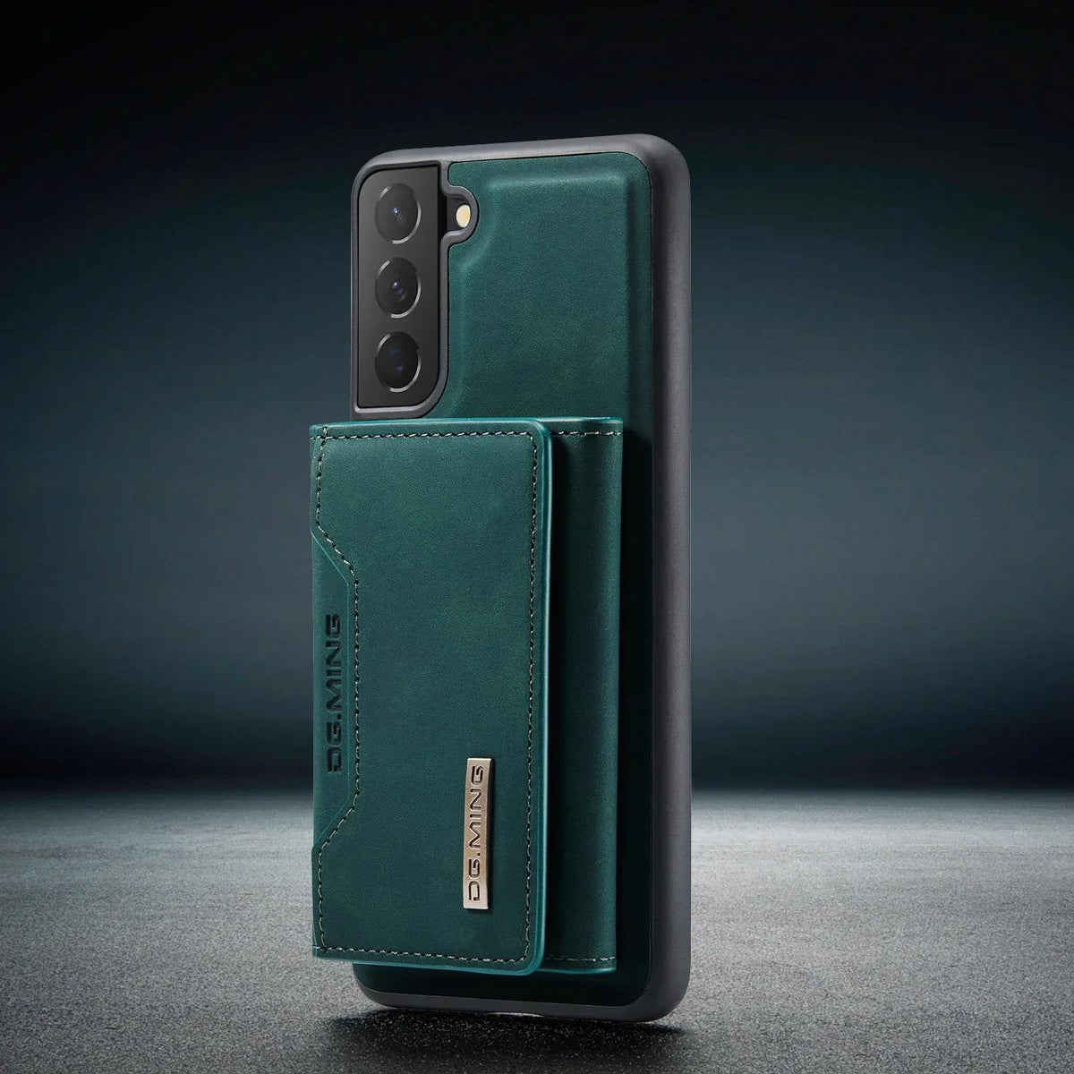 Green 2-in-1 detachable magnetic leather flip wallet case for Samsung Galaxy S25, Note 20 Ultra and A series, open and closed views