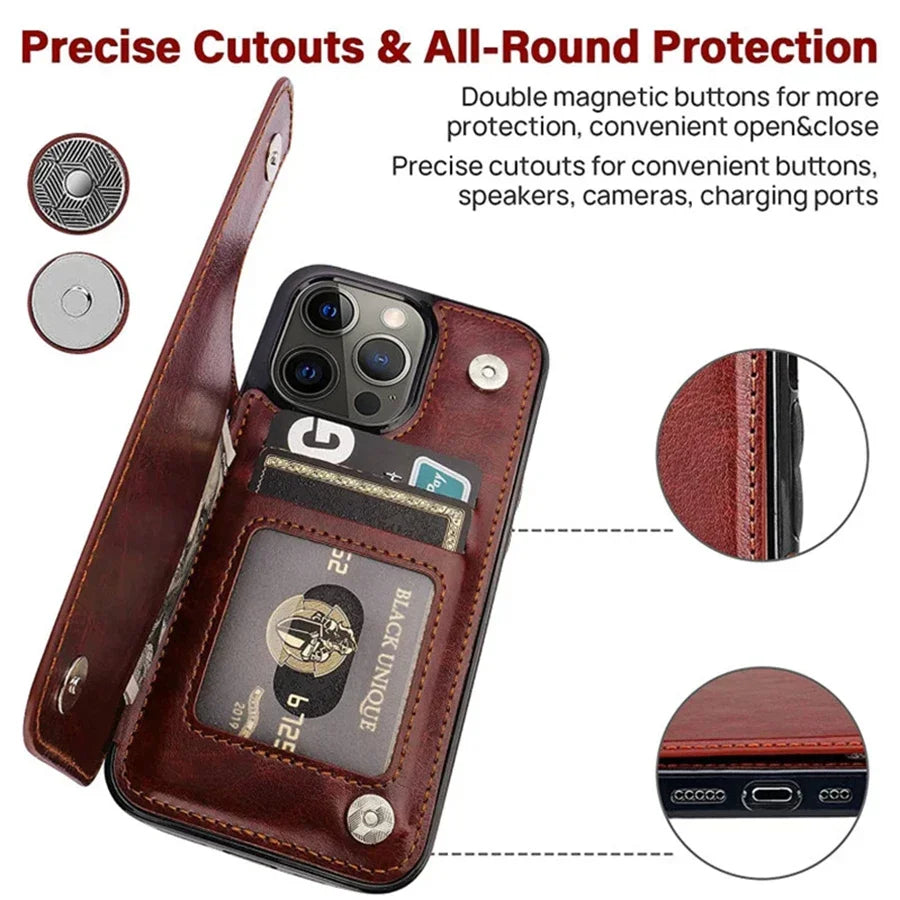 Precision cutouts and raised screen and camera edges on the double-clasp iPhone wallet case