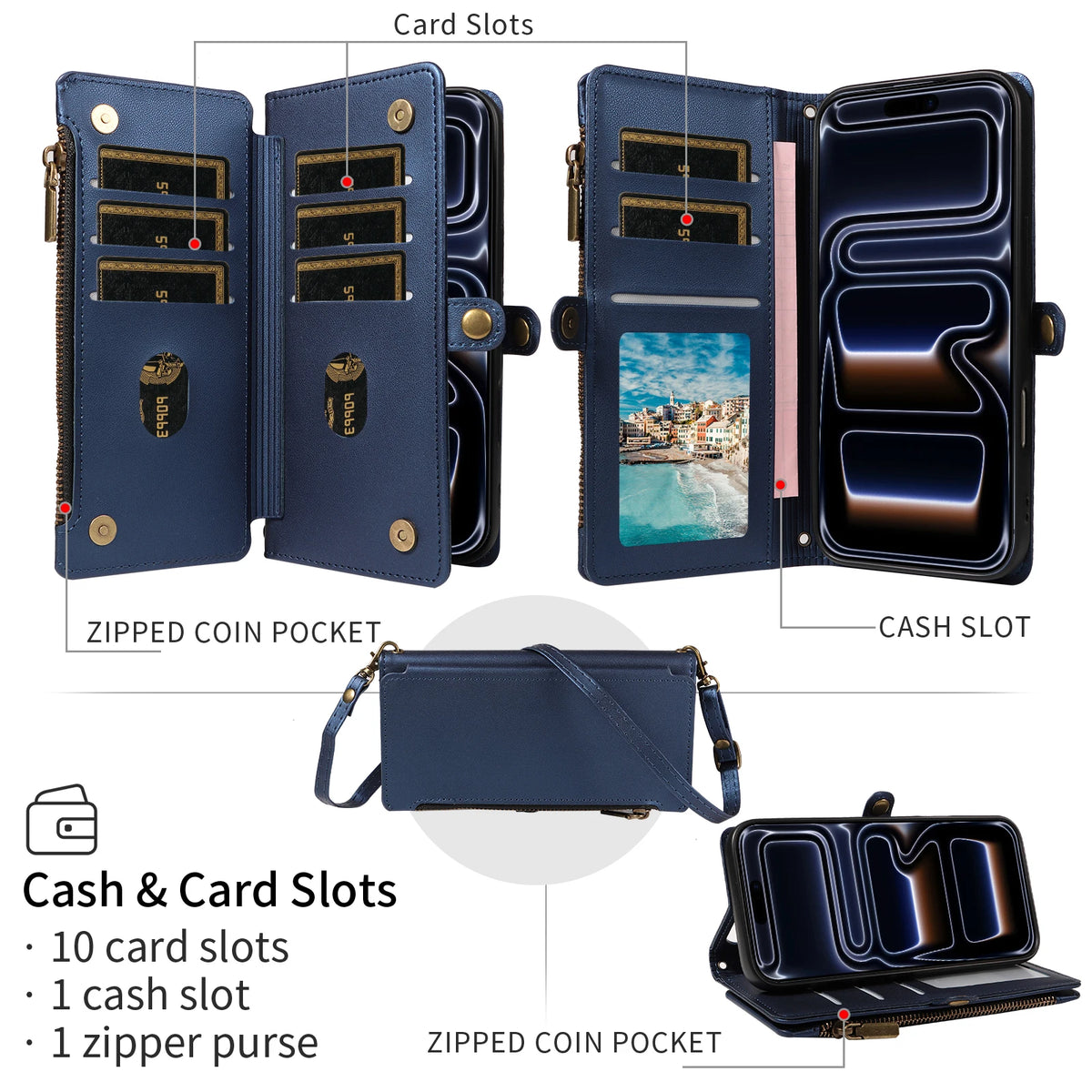 Multi-angle view showing interior card slots, zipper coin pocket, kickstand and crossbody strap for iPhone