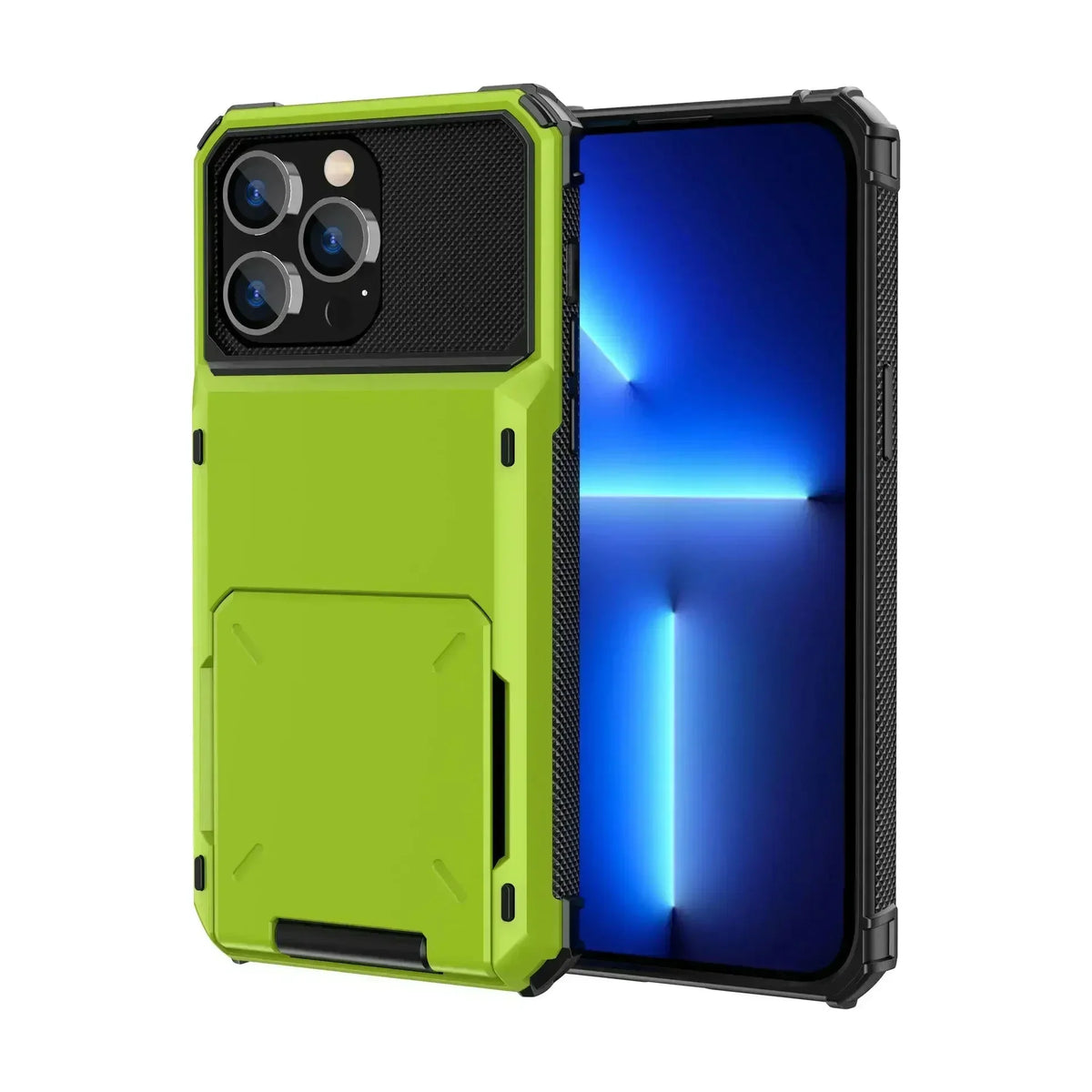 Green heavy-duty dual-layer slide card holder armor case for iPhone 18, 17, 17e, Air, 16e and 16-11 series