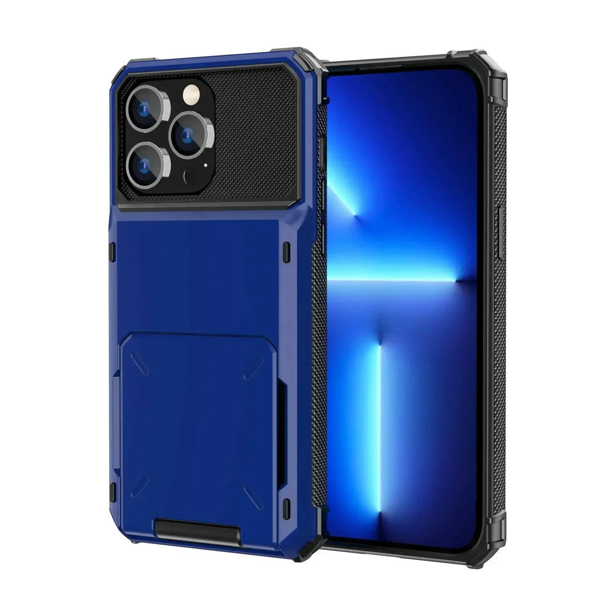 Blue heavy-duty dual-layer slide card holder armor case for iPhone 18, 17, 17e, Air, 16e and 16-11 series