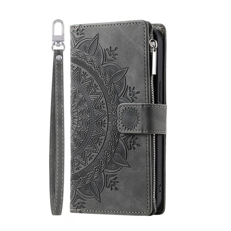 Black mandala embossed zipper leather wallet case with wrist strap for iPhone