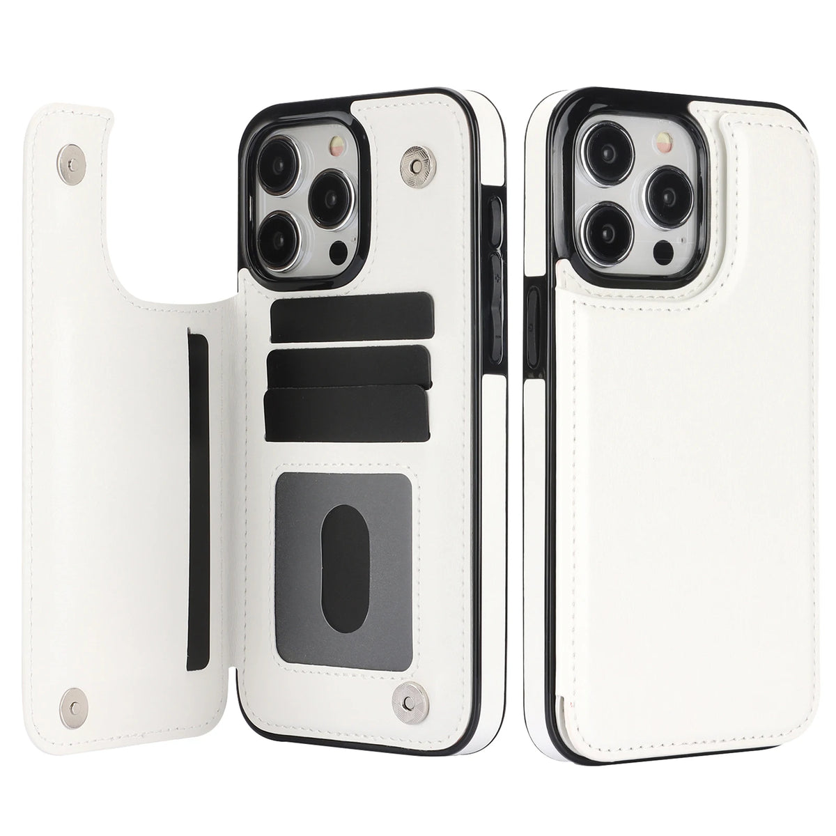 White retro double-clasp leather flip card holder wallet stand case for iPhone 18 to 11 showing open card slots and back