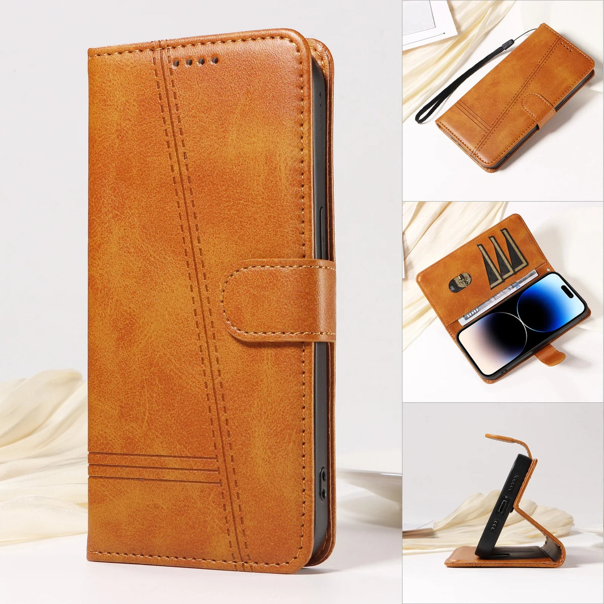Stitched Wallet Case iPhone 12-18, Golden Brown