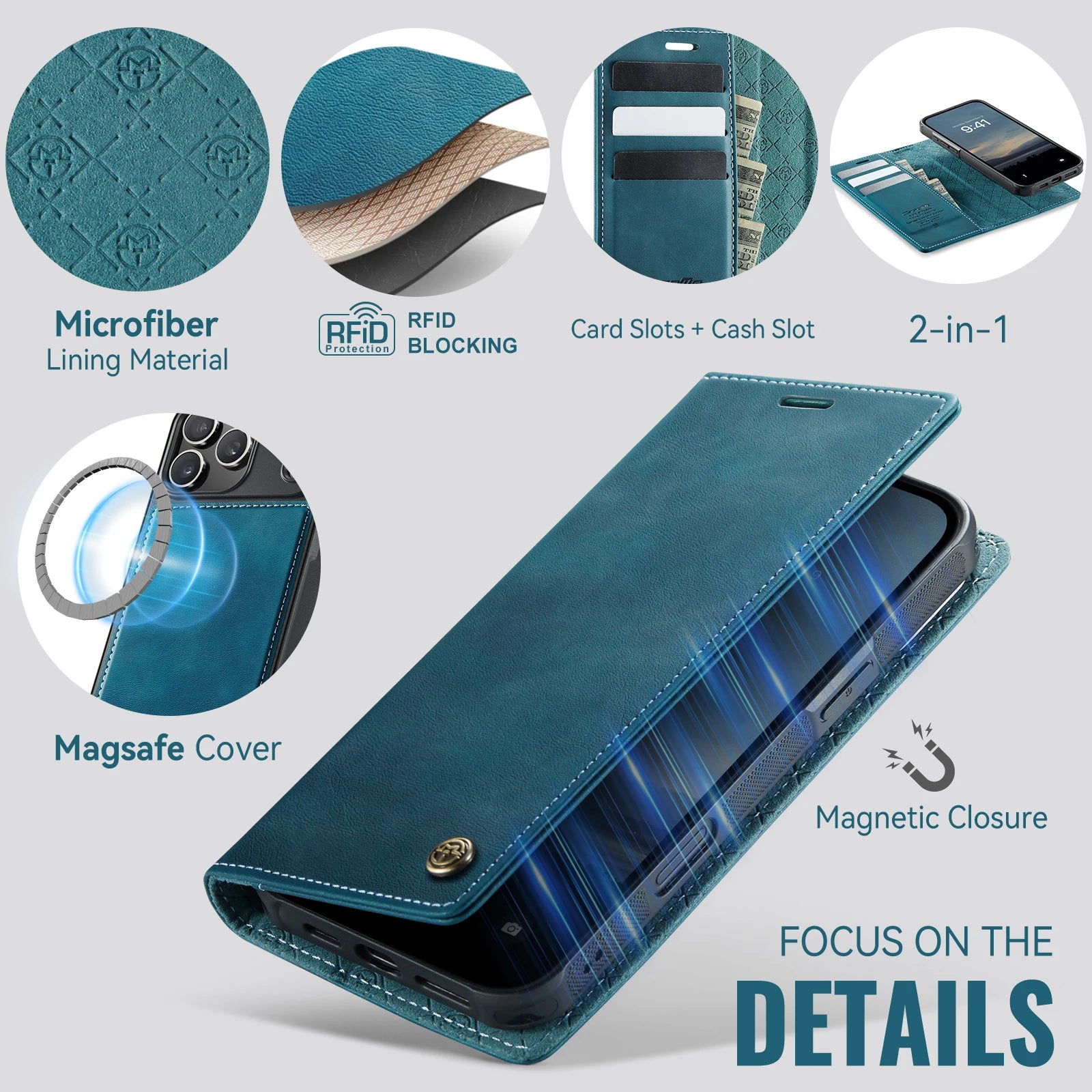PureGuardCases Detachable Wallet Leather iPhone Case – MagSafe Magnetic Flip Cover