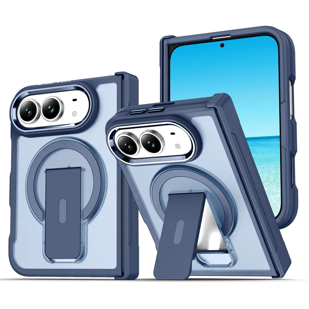 Navy blue hinge-armor frosted translucent MagSafe folding kickstand case for iPhone Duo, front, back and stand views