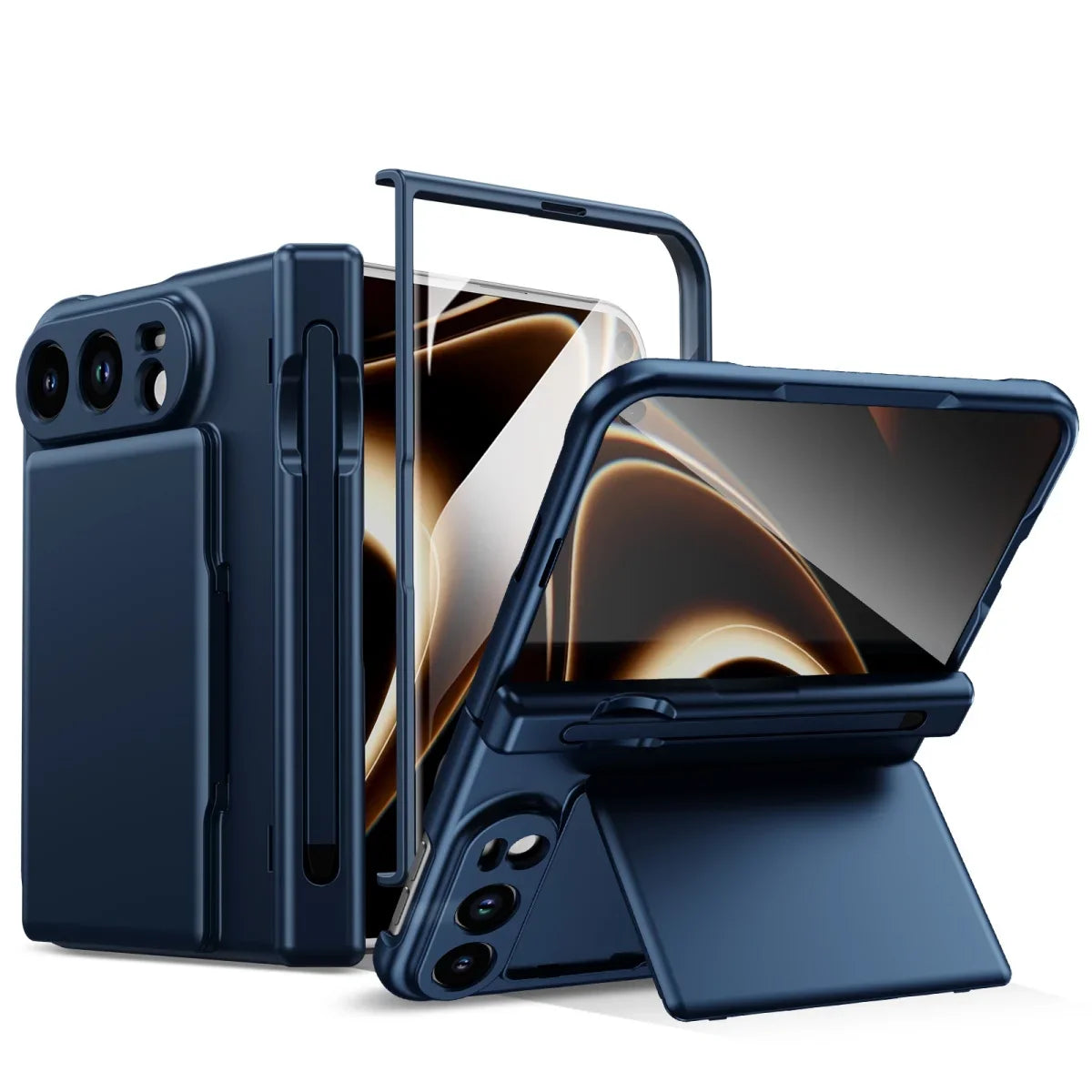 Dark blue pen slot card wallet kickstand case with stylus for iPhone Duo, front and stand views