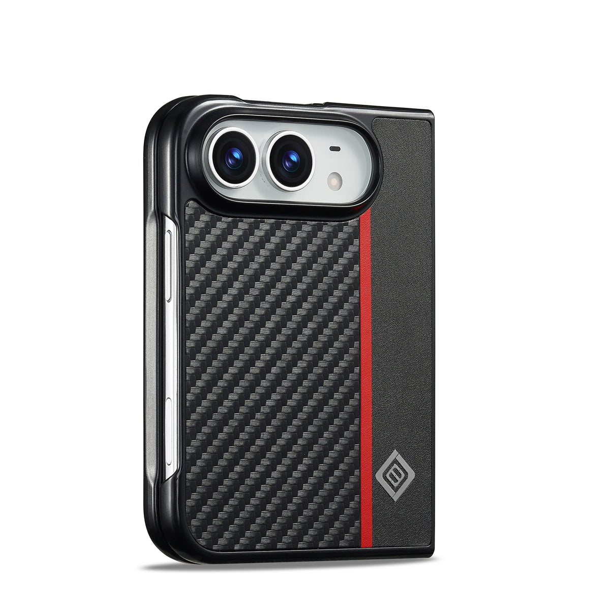 Black carbon fiber texture slim case with red stripe for iPhone Duo, back view