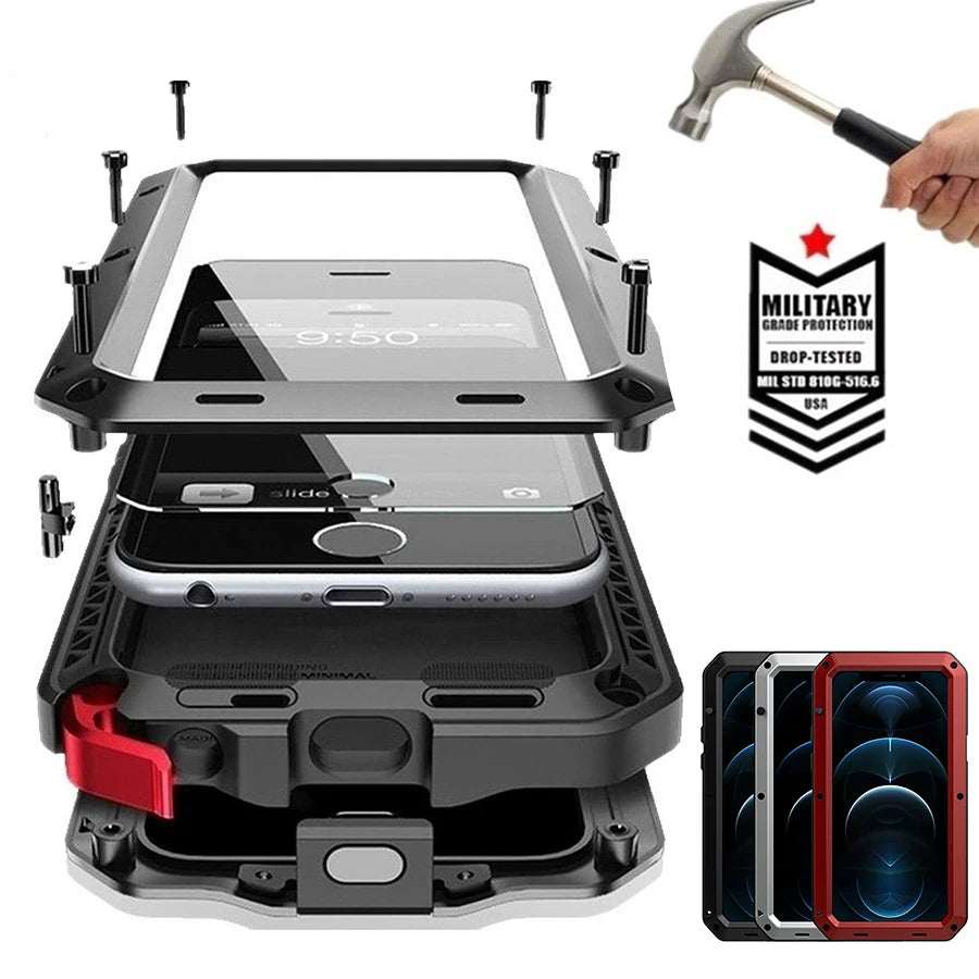 PureGuardCases IP54 Heavy Duty Metal iPhone Case – Gorilla Glass Shockproof Cover