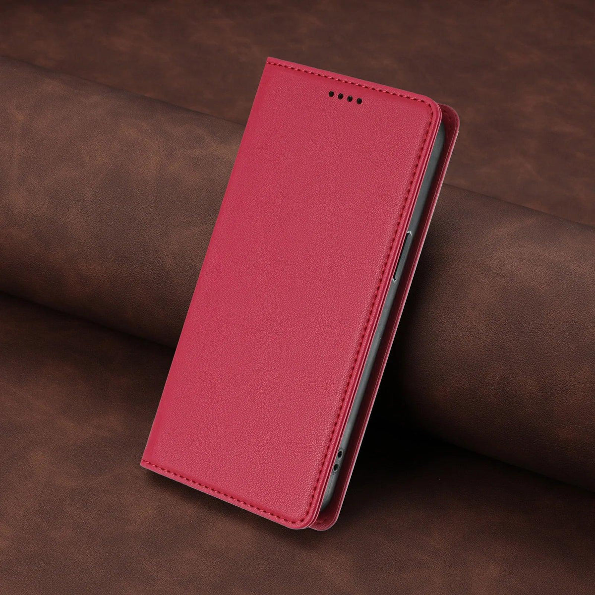 Red stitched PU leather magnetic flip wallet case for Samsung Galaxy S26 and S25 series, angled closed view