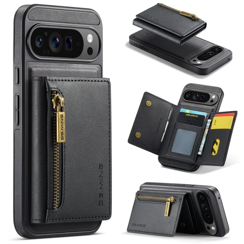 2-in-1 Leather Wallet Case Pixel 8-10, Black
