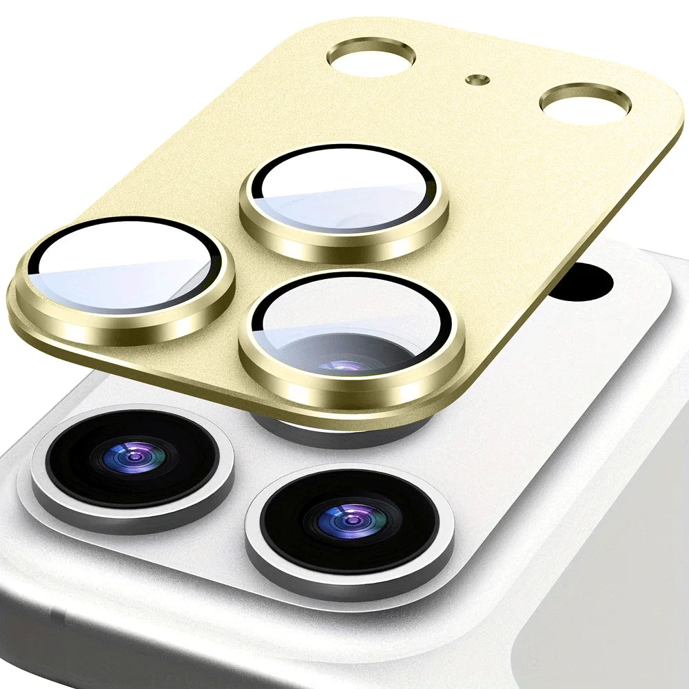 Gold metal frame camera lens protector covering an iPhone Pro camera module