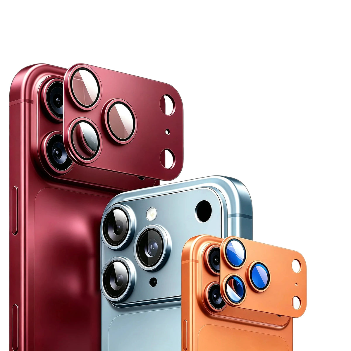 Metal camera lens protectors in wine red, blue and orange on iPhone Pro camera modules