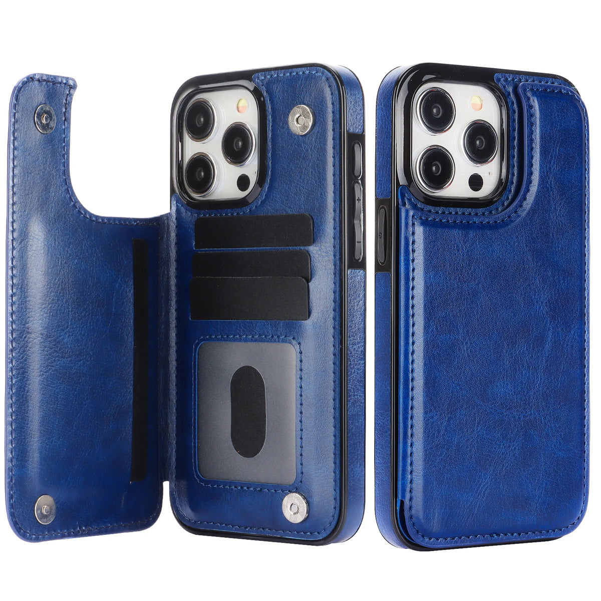 Blue retro double-clasp leather flip card holder wallet stand case for iPhone 18 to 11 showing open card slots and back