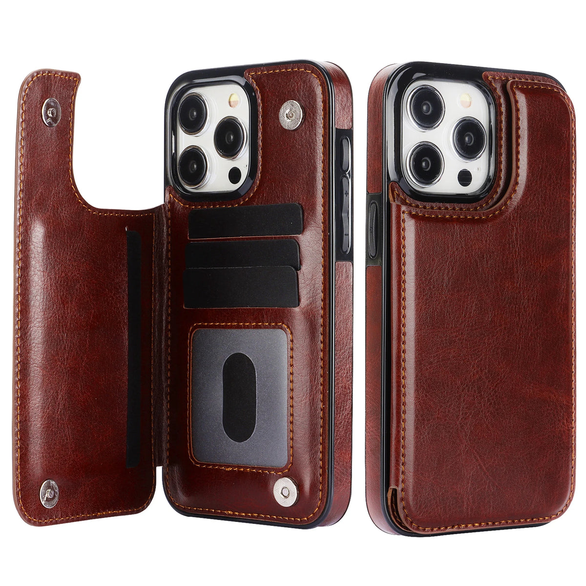 Brown retro double-clasp leather flip card holder wallet stand case for iPhone 18 to 11 showing open card slots and back