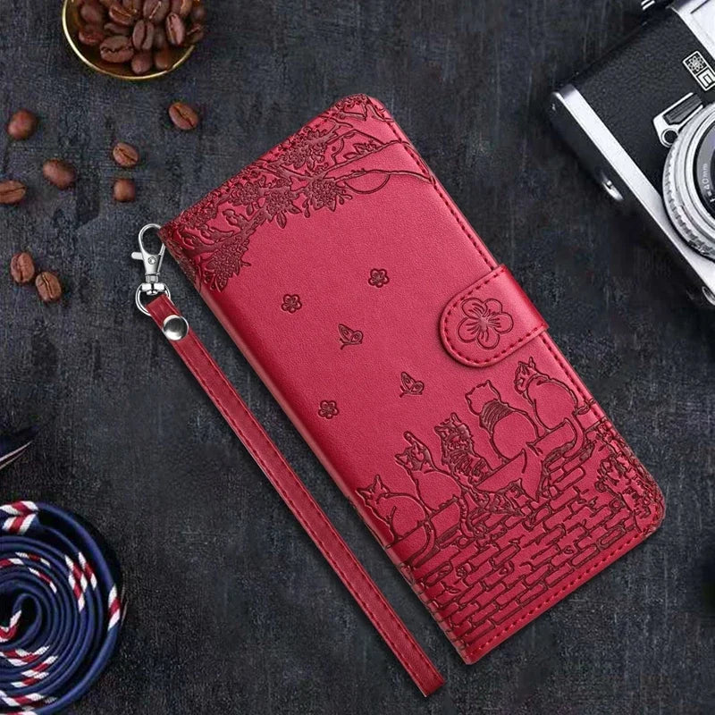 Cat Embossed Wallet Case iPhone 11-18, Rose Red